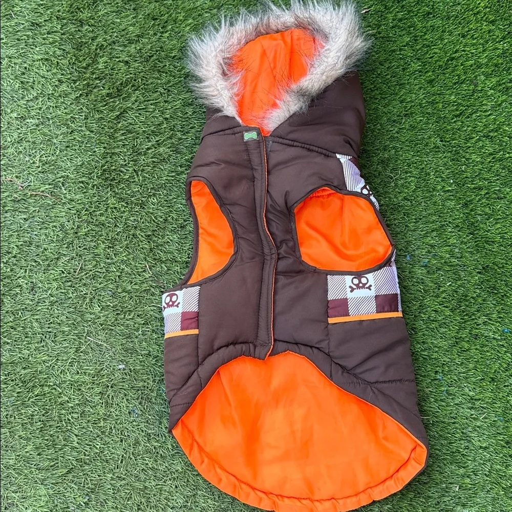 Brown and White Dog Jacket with Hood Size L
